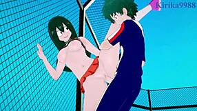 tsuyu asui and kyoka jiro and izuku midoriya intense sex in my hero academia hentai with big tits and creampie