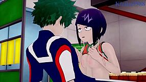 tsuyu asui and kyoka jiro and izuku midoriya intense sex in my hero academia hentai with big tits and creampie
