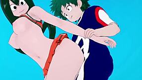 tsuyu asui and kyoka jiro and izuku midoriya intense sex in my hero academia hentai with big tits and creampie