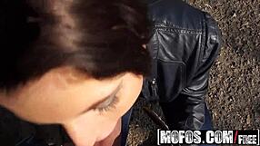 Katarina says, 'fuck me in public,' as she gets picked up and banged outdoors.