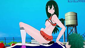 tsuyu asui and kyoka jiro and izuku midoriya intense sex in my hero academia hentai with big tits and creampie