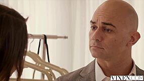 Brunette model seduces designer with intense blowjob