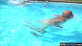 Inked Blonde Teen Joins Grandpa In Pool For Sex!