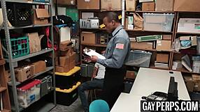 An ebony thief with tattoos got caught and drilled raw by a security guard. It was intense!