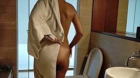 Brunette Showers in Clubhouse, Hot Pee Streams on Legs Close-Up