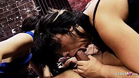 Rough Cosplay FFM Threesome with Two Sexy Brunette Girls in Fishnets by Huge Cock.