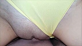 I moved the redhead's panties and fucked her wet pussy until cumming inside