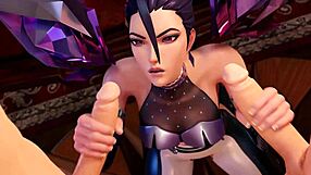 Kda Kaisa Sucks and Fucks Two Big Cocks Intensely!