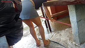 Short Hot Maid Grabs Husband's Big Cock and Inserts It Inside Her During Foreplay Sex in House Area