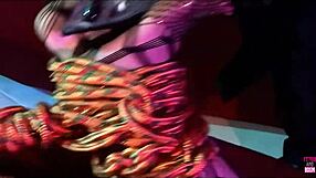 A Blonde Feels Excited in BDSM Mansion, Sucking Cocks Through Glory Hole