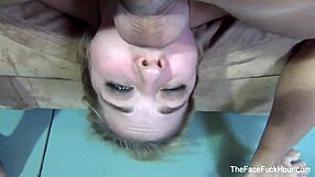 that blonde babe is getting her throat filled with cum