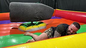 Latina pornstar rides mechanical bull then gets squirted on public street