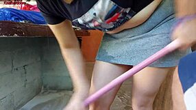 Short Hot Maid Grabs Husband's Big Cock and Inserts It Inside Her During Foreplay Sex in House Area