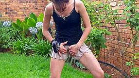 skinny small girl pissing and twerking her tiny ass in the garden