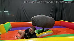 Latina pornstar rides mechanical bull then gets squirted on public street