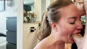 Hot milf and stepdaughter's messy double blowjob action