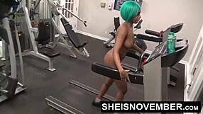 Fit ebony cosplays naked in gym, rough public fuck leads to stranger's dick sucking, facesitting, and hardcore sex.