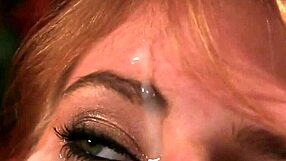 Unusual bombshell centerfold endures bizarre pov blowbang with jizz facial and bukkake cum eating.