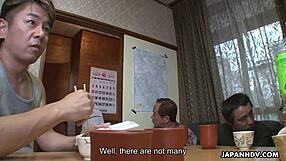 Several perverts watch and pleasure themselves while watching an Asian wife masturbate
