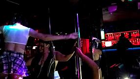 naughty bisexual milfs dancing pole in swing house, teasing with their moves.