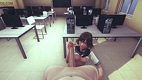 Hentai okontrollerad Sara jobbar hand och fitta för intensiv njutning i japansk anime spel