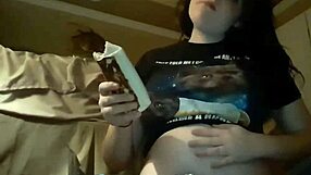 Big tits and round belly, clothe play and stuffing