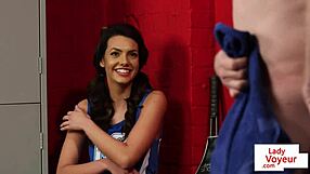 voyeur babe in panties and socks giving jerkoff instructions in the lockerroom