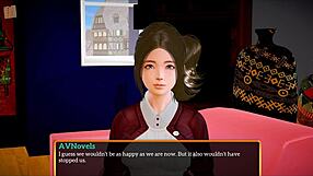 in my new family, the shaved brunette rides hard in this hentai game