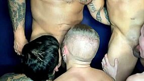 Five guys in intense gay bareback orgy action