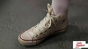 voyeur babe in panties and socks giving jerkoff instructions in the lockerroom