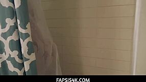 Skinny stepsister with stepbrother after shower.