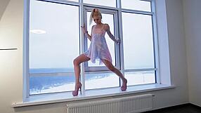 sexy blonde gymnast Mischele Lomar stuns in high heels on sofa