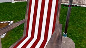 a cute girl by the pool, secretly masturbating with a banana in this 3d cartoon.