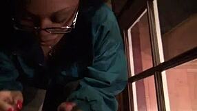 ball sucking ebony blowjob flashing outdoors for voyeurs, interracial amateurs