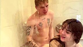 Megan Marx attempts shower sex positions, her small tits wet in the bath with deepthroat.