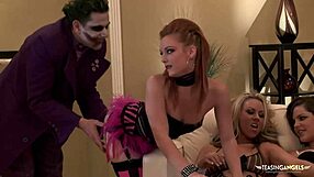 Joker satisfies himself with group sex and cum swapping babes.
