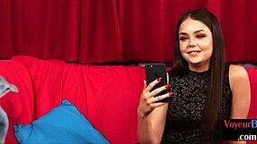 Cfnm voyeur babe seduces male wanker while he wanks on her classy look.