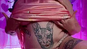 Bold striptease in high heels and nighties, ripping clothes to reveal hairy pussy