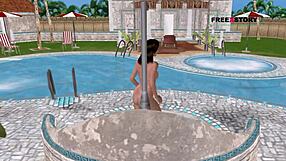 Cute Girl Strikes Sexy Poses In 3D Cartoon Shower