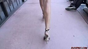 Blonde lesbian picks up big-tits milf babe for passionate shaved sex in pickup.