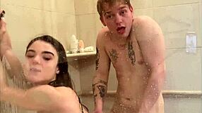 Megan Marx attempts shower sex positions, her small tits wet in the bath with deepthroat.