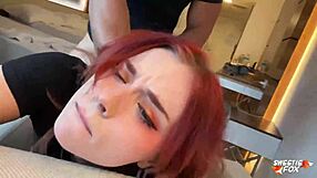 Redhead amateur enjoys hard fucking and deepthroat blowjob in hotel, swallowing cum