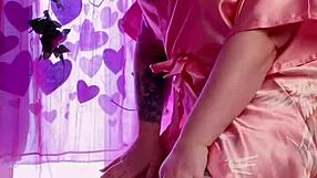 Bold striptease in high heels and nighties, ripping clothes to reveal hairy pussy