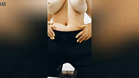 Sexy Brunette Plays With Big Tits In Black Pants