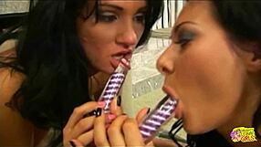 brunette lesbian bombshells lick each other's pussies in pov until one squirts hardcore.