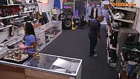 amateur babe in glasses gets a monster cock blowjob at the pawnshop