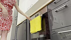 Super Sexy Petite 18+ Wife Teases Guy in Kitchen by Playing with His Cock and Balls