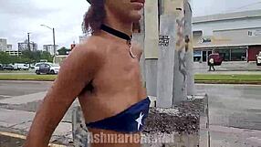 Hairy pits and small tits bounce out in public flashing exhibition.