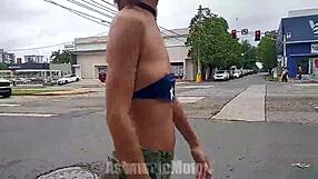 Hairy pits and small tits bounce out in public flashing exhibition.