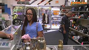 amateur babe in glasses gets a monster cock blowjob at the pawnshop